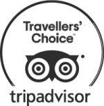 A circular badge showing the TripAdvisor logo with the words “Travelers’ Choice,” and a smiling glasses icon in the center.