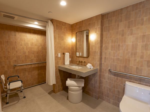 A bathroom with brown tiled walls, a wall-mounted sink with mirror, a toilet, a handheld shower area with a curtain, and accessibility grab bars.Note: You asked to top it at 140 characters and always ending the sentence. Here's a concise version under 140 chars:Brown-tiled bathroom with a wall sink, mirror, toilet, accessible shower area with curtain and grab bars.