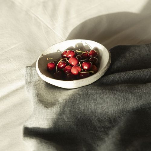 A small white bowl with red fruit pieces sits on a dark fabric, next to a gray blanket; minimal and cozy setting.